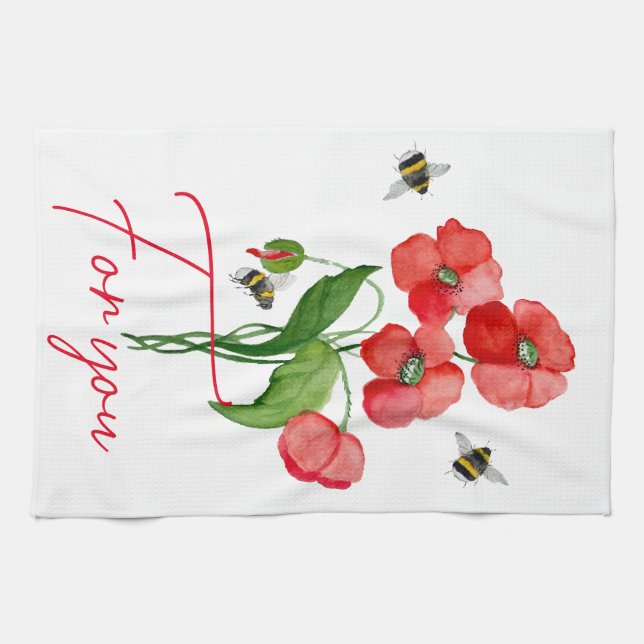 Scarlet av vallmoblommor och humlor kökshandduk (Horisontell)