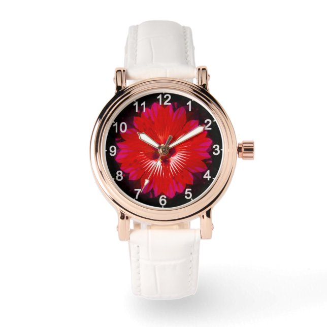 "Scarlet Bloom: Röd Hibiskus-kalejdoskop" Armbandsur (Framsida)