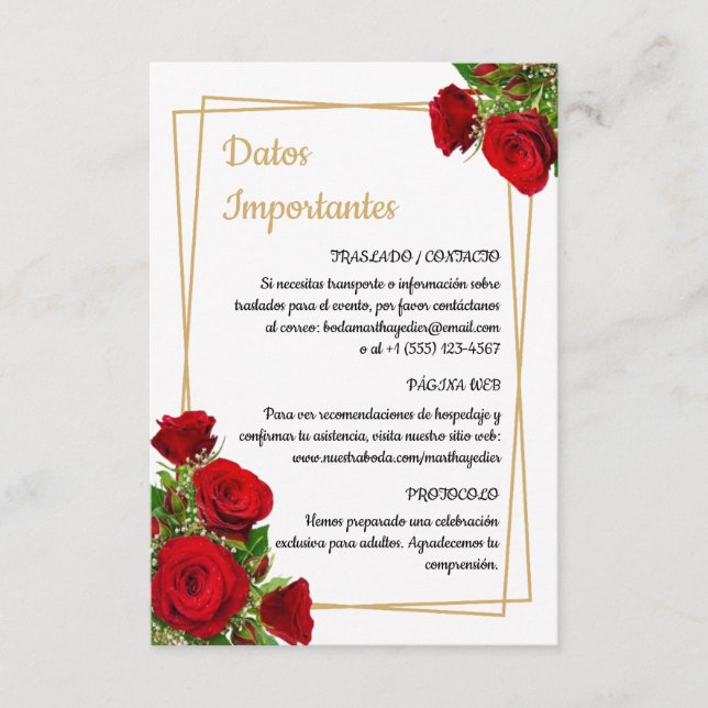 Scarlet Detaljer Information Spansk Bröllop Tilläggskort (Framsida)