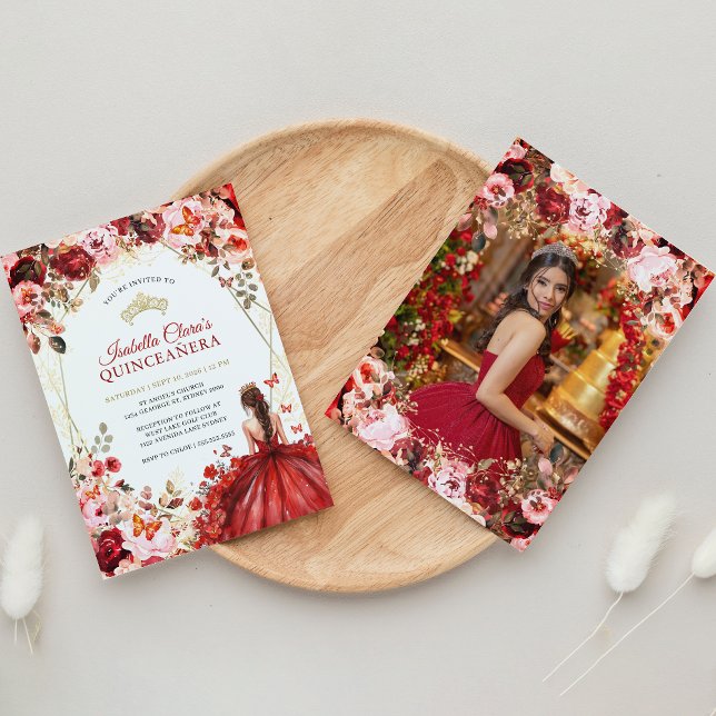 Scarlet Elegance Guld Enchanted Blommigt Quinceane Inbjudningar (Skapare uppladdad)