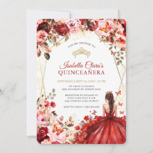 Scarlet Elegans Guld Förtrollad Blommig Quinceaner Inbjudningar
