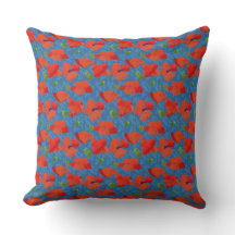 Scarlet Fält Poppies på Blue Pillow eller Cushion