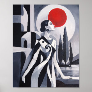 Scarlet Moon: Stiliskt kvinna i monokromt landskap Poster