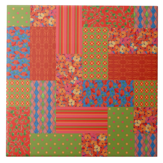 Scarlet Poppies Mönster Nostalgic Faux Patchwork Kakelplatta (Framsidan)