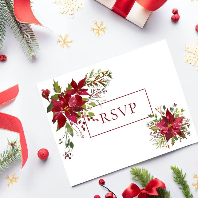 Scarlet Red Poinsettia Blommigt Bröllop OSA Inbjudan Vykort (Skapare uppladdad)