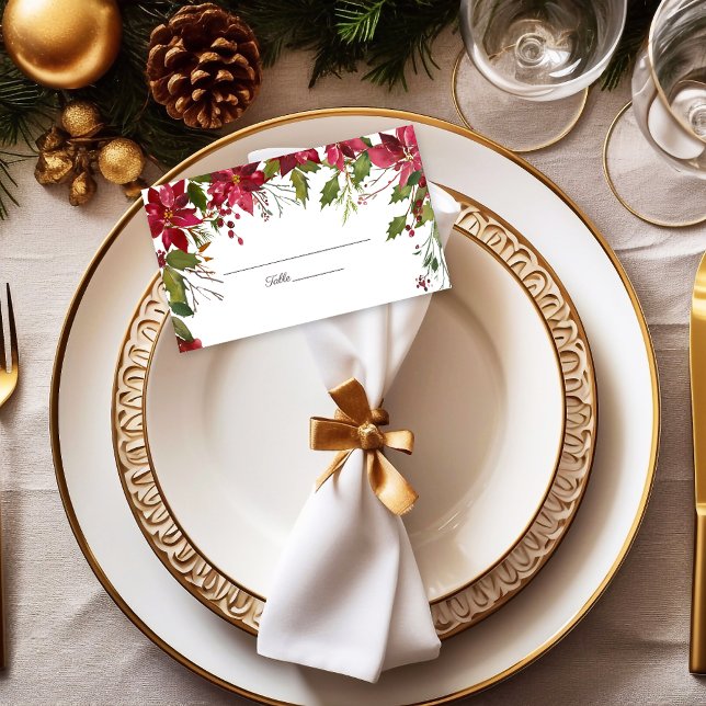 Scarlet Red Poinsettia Blommigt Bröllop Placeringskort (Skapare uppladdad)