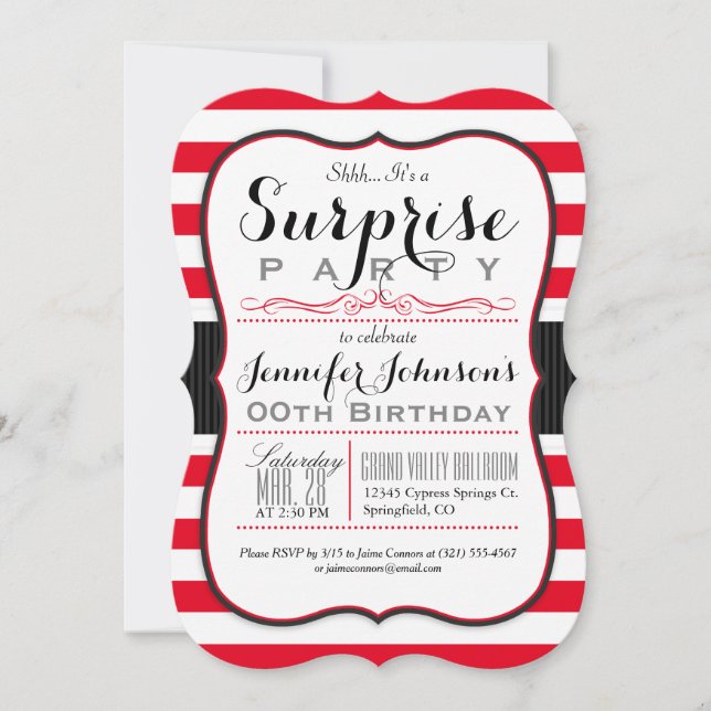 Scarlet Red & White Rand Surprise Party Inbjudningar (Framsida)