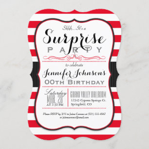 Scarlet Red & White Rand Surprise Party Inbjudningar