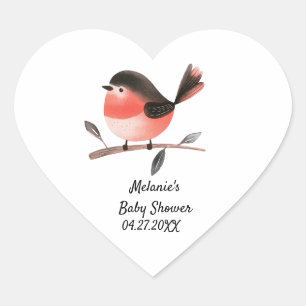Scarlet Robin på Gren Woodland Bird Baby Shower Hjärtformat Klistermärke