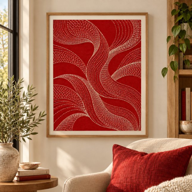 Scarlet Sashiko Rytmtryck Poster (Styled display of Scarlet Sashiko Rhythm Art Print. Frame, mat and furnishings shown for illustration; select framing options separately.)