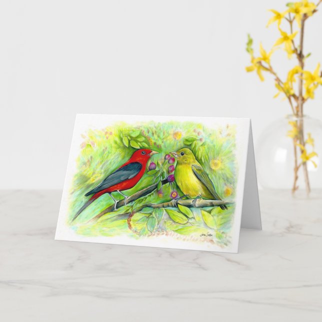 Scarlet Tanagers Akvarell Glad Födelsedag Kort (Gul blomma)