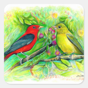 Scarlet Tanagers Bird Art Fyrkantigt Klistermärke