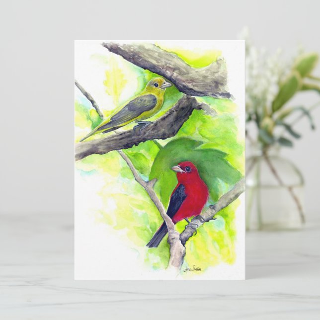 Scarlet Tanagers Birds Watercolor Painting Card Anteckningskort (Stående Fram)