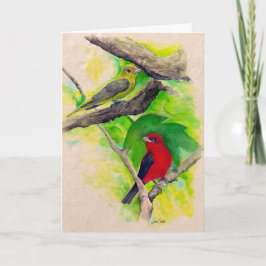 Scarlet Tanagers Birds Watercolor Painting Card Kort