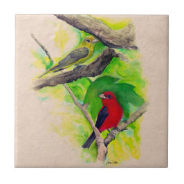 Scarlet Tanagers Birds Watercolor Painting Ceramic Kakelplatta