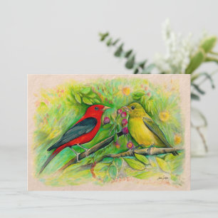 Scarlet Tanagers Watercolor Färgpenna Teckning Anteckningskort