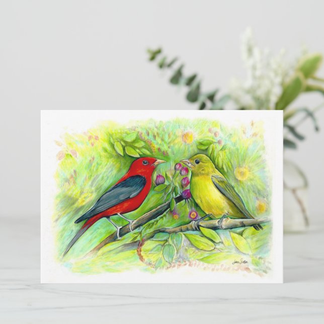 Scarlet Tanagers Watercolor Färgpenna Teckning Anteckningskort (Stående Fram)