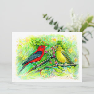 Scarlet Tanagers Watercolor Färgpenna Teckning Anteckningskort