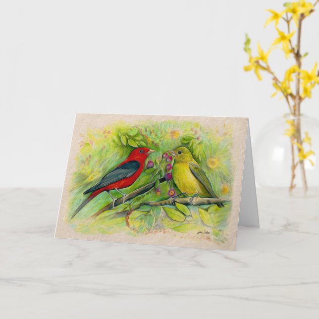 Scarlet Tanagers Watercolor Färgpenna Teckning Kort (Gul blomma)