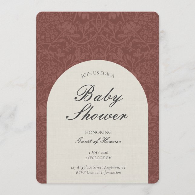 Scarlet Traditional Floral Arts and Crafts Shower Inbjudningar (Framsida)