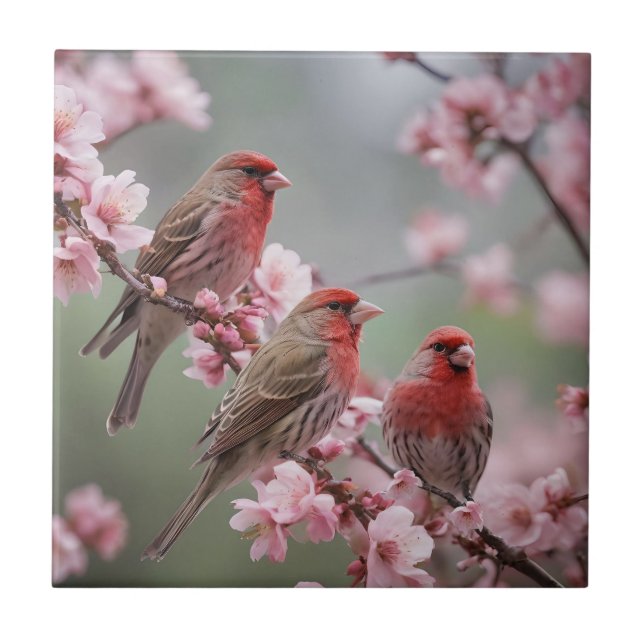 "Scarlet Trio: Red Finches between Rosa Blommars" Kakelplatta (Framsidan)