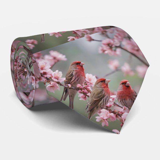 "Scarlet Trio: Red Finches between Rosa Blommars" Slips (Rullad)