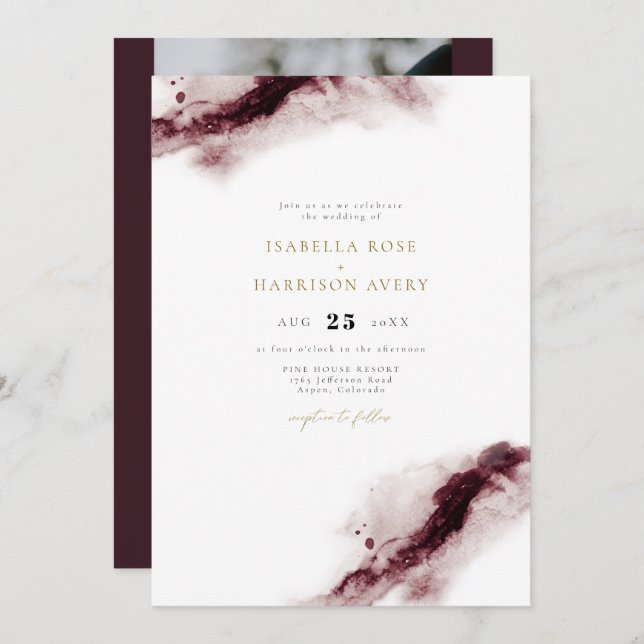 SCARLETT | Boho Burgundy Guld Watercolor Bröllop Inbjudningar (Fram/baksida)