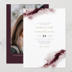 SCARLETT Boho Burgundy Guld Watercolor Bröllop Inbjudningar