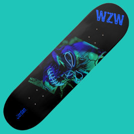 Scary Badass Neon Blue Skull Monogram Skateboard