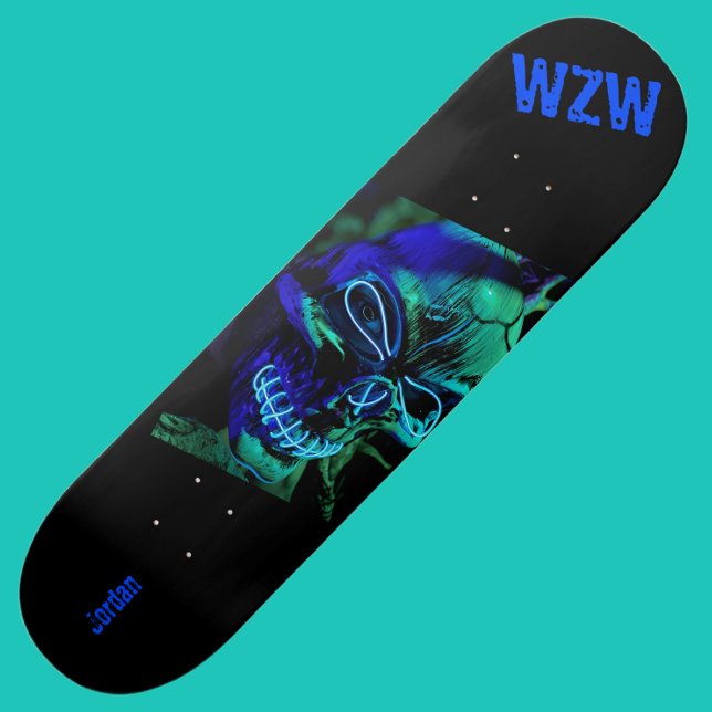 Scary Badass Neon Blue Skull Monogram Skateboard (Skapare uppladdad)