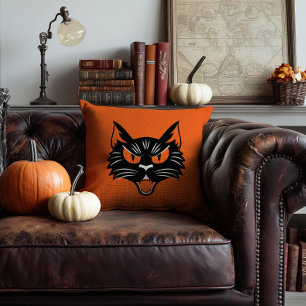 Scary Black Cat Ansikte Halloween Orange och Black Kudde
