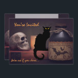 Scary Black Cat n Skull Halloween Birthday Inbjuda Inbjudningar<br><div class="desc">Halloween-Födelsedagsfest inbjudan har en läskigt svart katt och spooky-skalle med en potion flaska som uppmanar dina gäster att gå med dig om de vågar. Det kan vara personlig med alla era party-detaljer.</div>