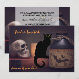 Scary Black Cat n Skull Halloween Birthday Inbjuda Inbjudningar