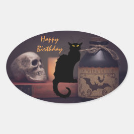 Scary Black Cat och Skull Grattis på födelsedagen Ovalt Klistermärke