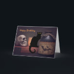 Scary Black Cat och Skull Halloween Grattis på föd Kort<br><div class="desc">Det här hälsningskortet i Grattis på födelsedagen har en läskigt svart katt och läskskalle med en bild flaska. Hälsning kan ändras...  Inuti Hälsning ~ Önskar du mycket Grattis på födelsedagen! Hoppas det får dig att vilja skrika. *</div>