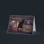 Scary Black Cat och Skull Halloween Grattis på föd Kort<br><div class="desc">Det här hälsningskortet i Grattis på födelsedagen har en läskigt svart katt och läskskalle med en bild flaska. Hälsning kan ändras...  Inuti Hälsning ~ Önskar du mycket Grattis på födelsedagen! Hoppas det får dig att vilja skrika. *</div>