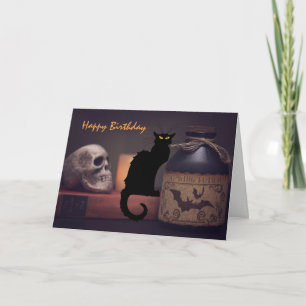 Scary Black Cat och Skull Halloween Grattis på föd Kort
