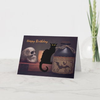 Scary Black Cat och Skull Halloween Grattis på föd Kort