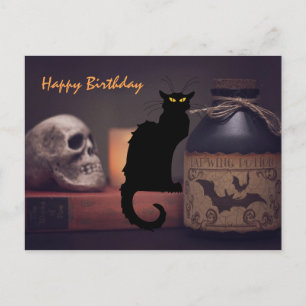 Scary Black Cat och Skull Halloween Grattis på föd Vykort