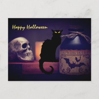 Scary Black Cat och Skull Happy halloween Vykort
