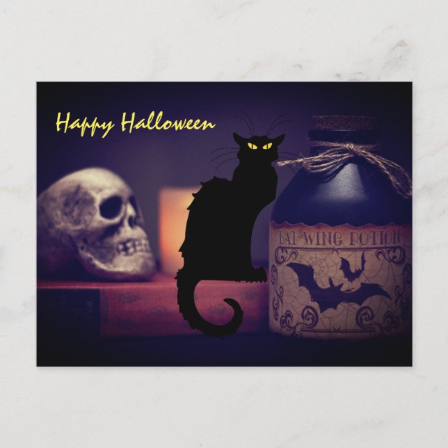 Scary Black Cat och Skull Happy halloween Vykort (Framsida)
