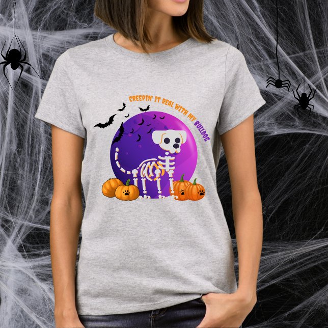 Scary Bulldog Halloween Full Moon T-Shirt (Spooky Halloween t-shirt with a dog skeleton, full moon, pumpkins, bats, and your favorite dog breed)