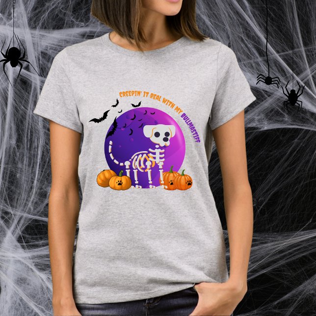Scary Bullmastiff Halloween Full Moon T-Shirt (Spooky Halloween t-shirt with a dog skeleton, full moon, pumpkins, bats, and your favorite dog breed)