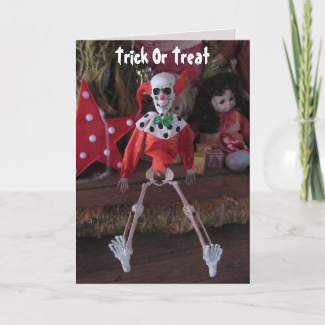 Scary Clown Skeleton Doll Halloween Card Helgkort (Framsida)