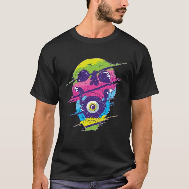 Scary creepy skeleton skull coloured eye trippy t shirt (Framsida)