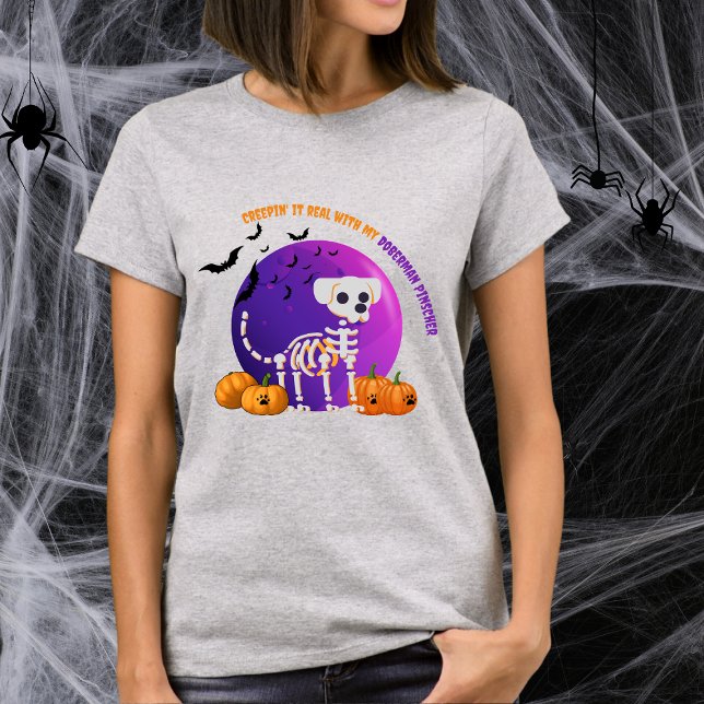 Scary Doberman Pinscher Halloween Full Moon TShirt T Shirt (Spooky Halloween t-shirt with a dog skeleton, full moon, pumpkins, bats, and your favorite dog breed)