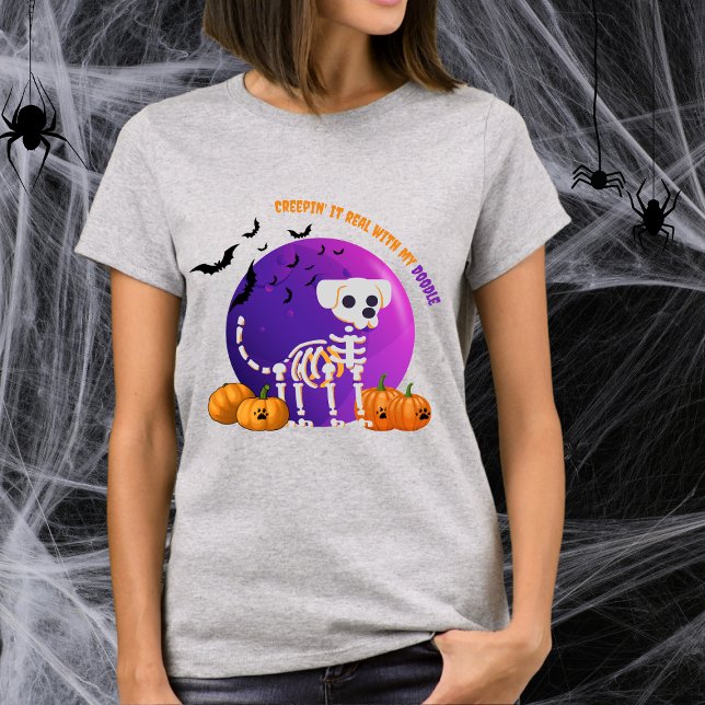Scary Doodle Halloween Full Moon T-Shirt (Spooky Halloween t-shirt with a dog skeleton, full moon, pumpkins, bats, and your favorite dog breed)