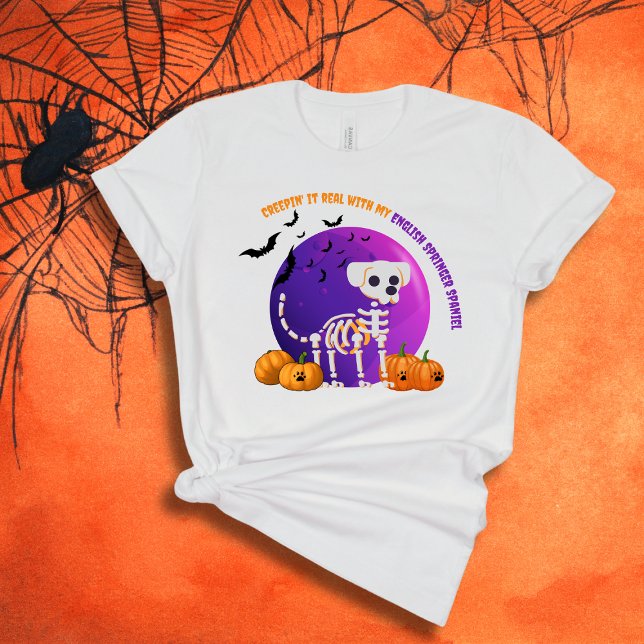 Scary English Springer spanel Halloween T-Shirt (Spooky Halloween t-shirt with a dog skeleton, full moon, pumpkins, bats, and your favorite dog breed)