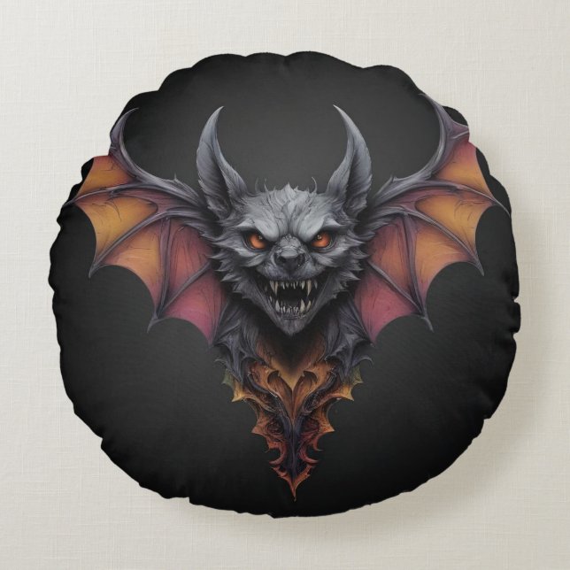 Scary Fladdermus Bläck Teckning Rund Kudde (Framsidan)