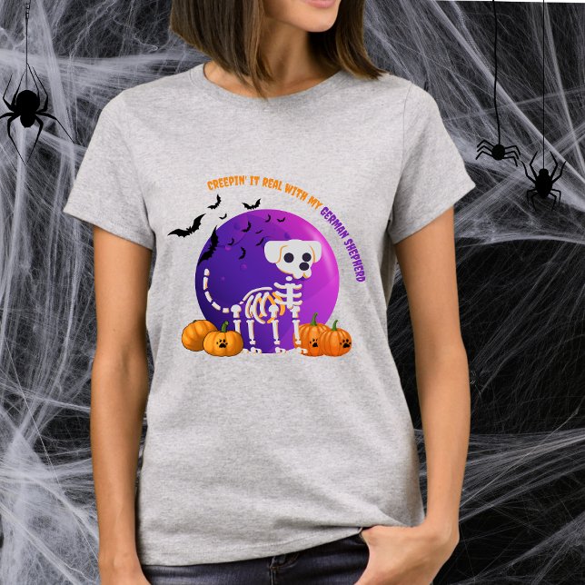 Scary German Shepherd Halloween Full Moon T-Shirt (Spooky Halloween t-shirt with a dog skeleton, full moon, pumpkins, bats, and your favorite dog breed)